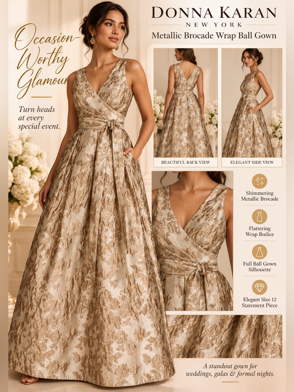 Donna Karan New York Metallic Brocade Wrap Ball Gown Frost Beige Size 12 NWOT